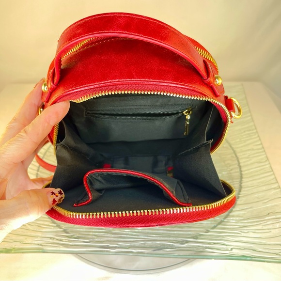 Red Round Crossbody Bag Purse with Cutout Design & Tassel Detail - Picture 9 of 13